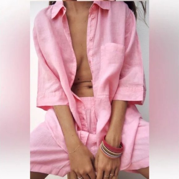 ZARA 2 PIECES LINEN SHIRT WITH POCKET & CARGO SHORTS - Picture 4 of 9